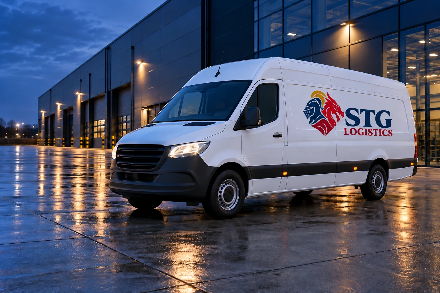 Illustrative white delivery van with STG Logistics branding outside a modern distribution warehouse